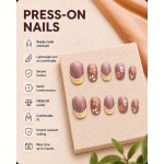 Lavender Purple Hand‑Painted Floral Press‑On Nails, Short Square Oval False Nails With Yellow French Tip & Pearl Decor, Cute Style